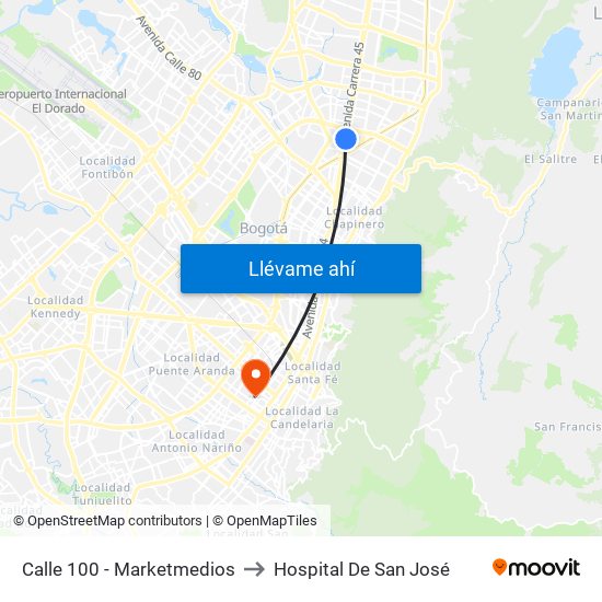 Calle 100 - Marketmedios to Hospital De San José map