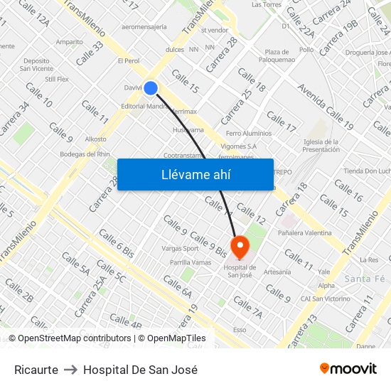 Ricaurte to Hospital De San José map