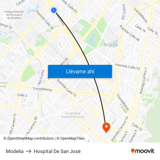 Modelia to Hospital De San José map