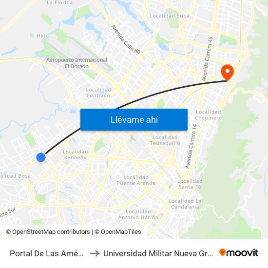 Portal De Las Américas to Universidad Militar Nueva Granada map