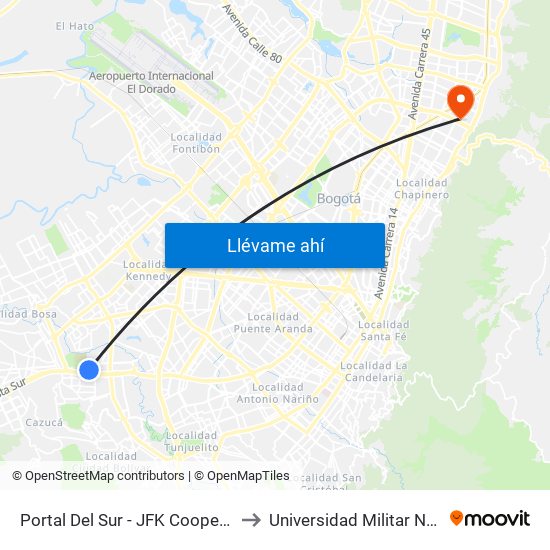 Portal Del Sur - JFK Cooperativa Financiera to Universidad Militar Nueva Granada map