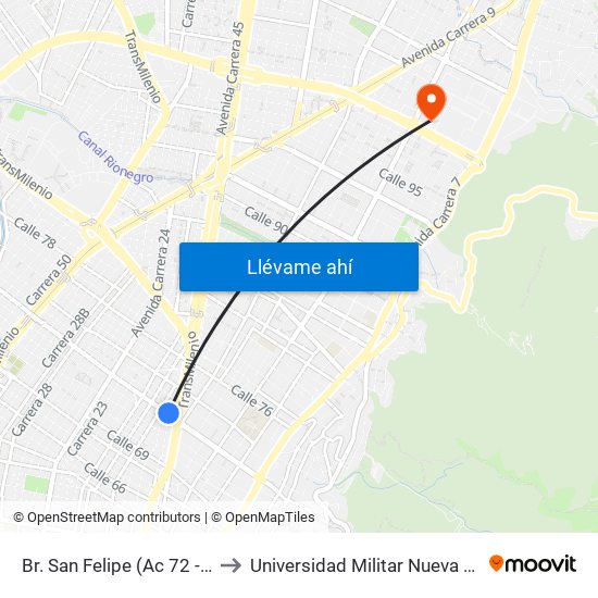 Br. San Felipe (Ac 72 - Kr 17) to Universidad Militar Nueva Granada map