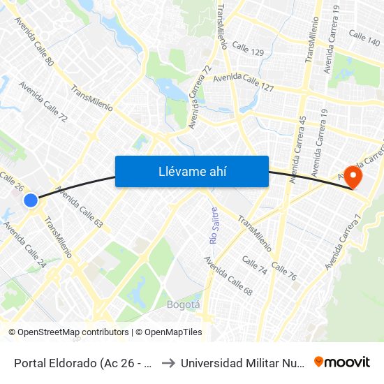Portal Eldorado (Ac 26 - Av. C. De Cali) to Universidad Militar Nueva Granada map