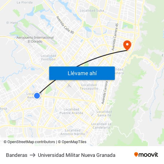 Banderas to Universidad Militar Nueva Granada map