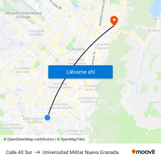 Calle 40 Sur to Universidad Militar Nueva Granada map