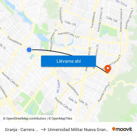 Granja - Carrera 77 to Universidad Militar Nueva Granada map