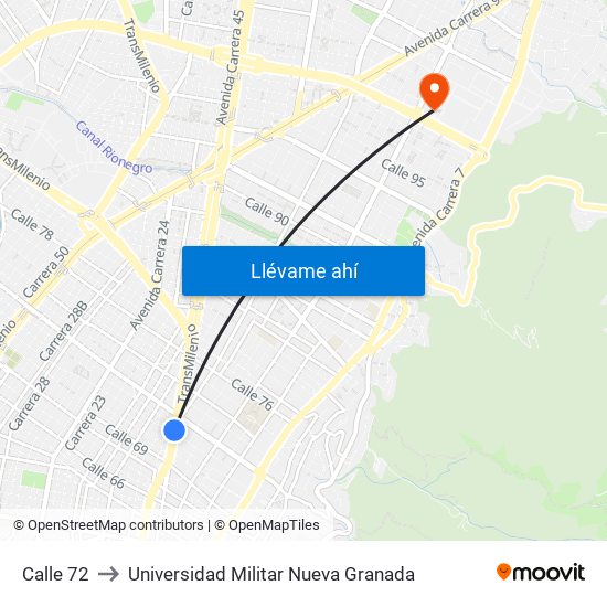Calle 72 to Universidad Militar Nueva Granada map