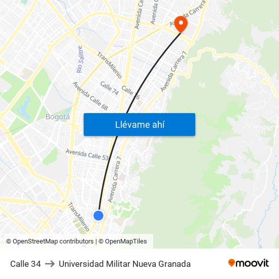 Calle 34 to Universidad Militar Nueva Granada map