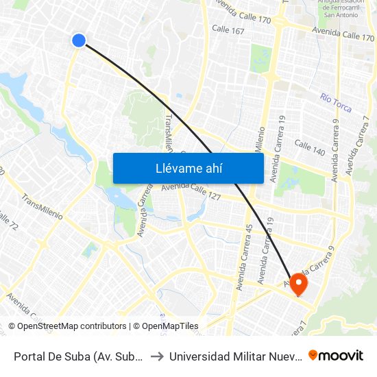 Portal De Suba (Av. Suba - Kr 106) to Universidad Militar Nueva Granada map