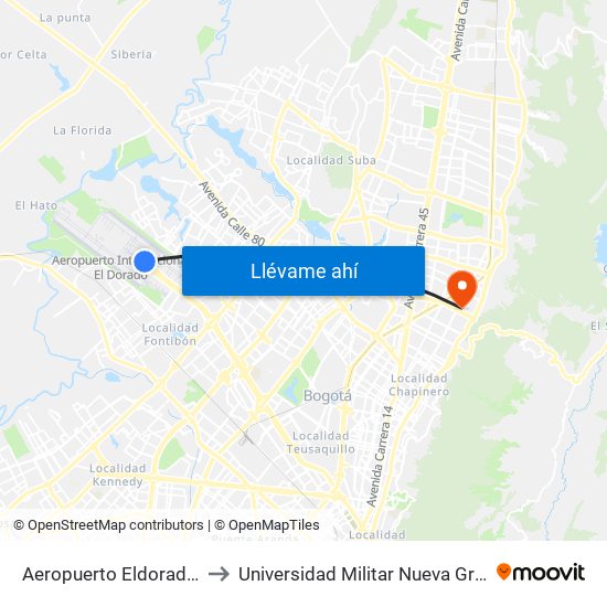 Aeropuerto Eldorado (B) to Universidad Militar Nueva Granada map