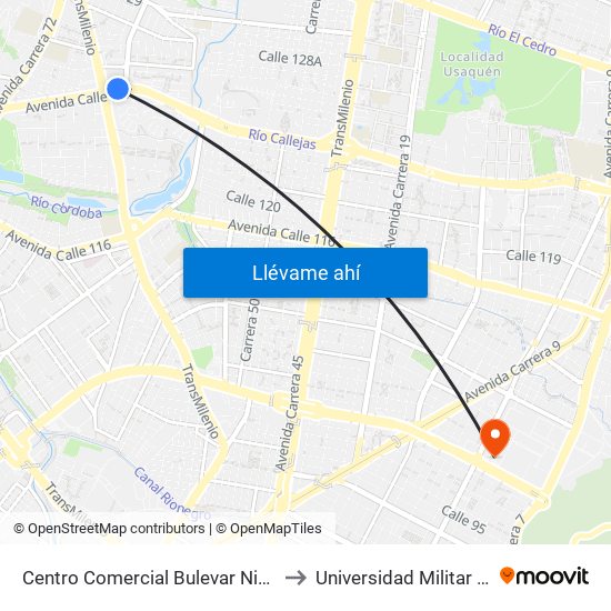 Centro Comercial Bulevar Niza (Ac 127 - Av. Suba) to Universidad Militar Nueva Granada map
