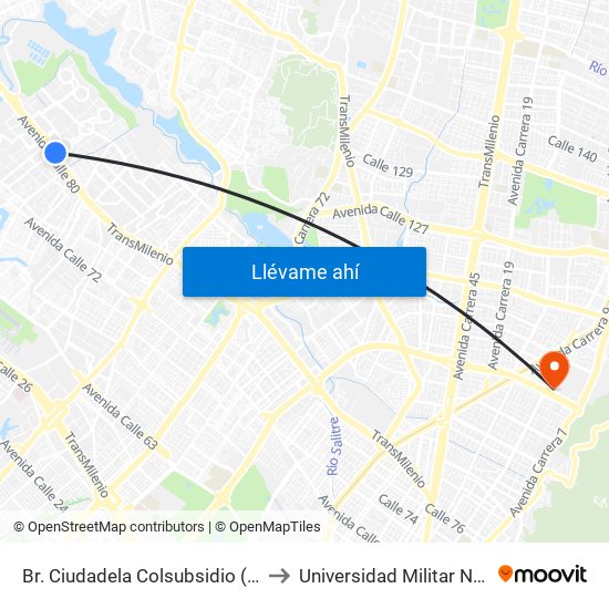 Br. Ciudadela Colsubsidio (Ac 80 - Kr 112a) to Universidad Militar Nueva Granada map