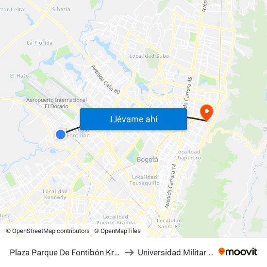 Plaza Parque De Fontibón Kr 100 (Kr 100 - Cl 17a) to Universidad Militar Nueva Granada map