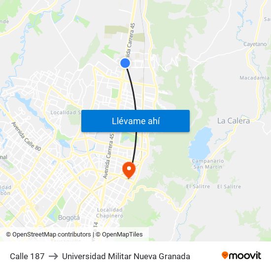 Calle 187 to Universidad Militar Nueva Granada map