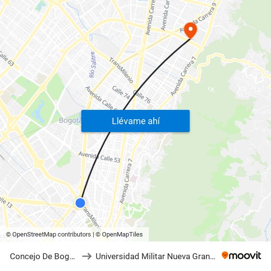 Concejo De Bogotá to Universidad Militar Nueva Granada map