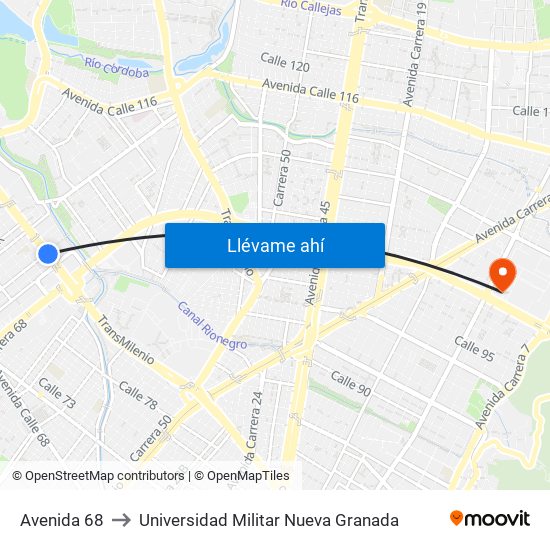 Avenida 68 to Universidad Militar Nueva Granada map