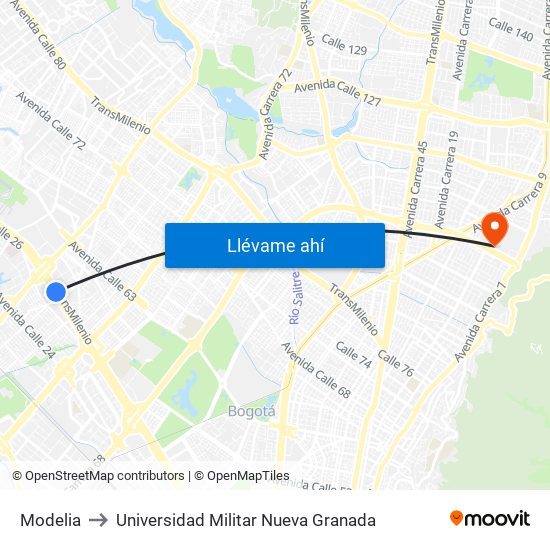 Modelia to Universidad Militar Nueva Granada map