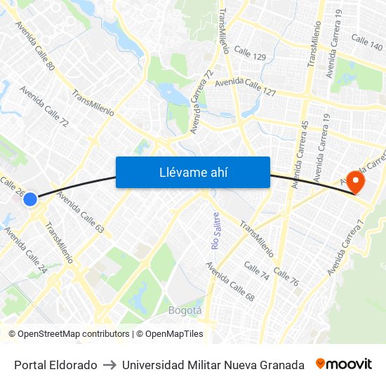 Portal Eldorado to Universidad Militar Nueva Granada map