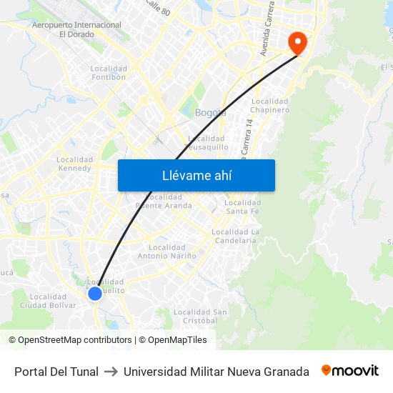 Portal Del Tunal to Universidad Militar Nueva Granada map