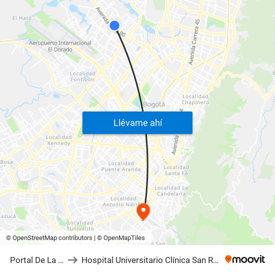 Portal De La 80 to Hospital Universitario Clínica San Rafael map
