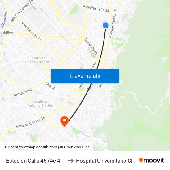 Estación Calle 45 (Ac 45 - Av. Caracas) to Hospital Universitario Clínica San Rafael map