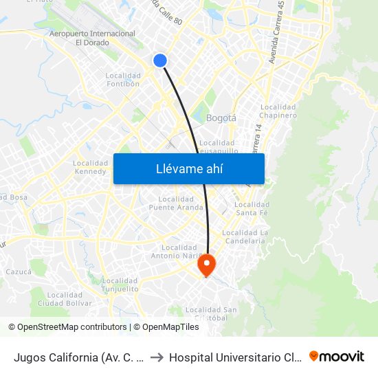 Jugos California (Av. C. De Cali - Ac 63) to Hospital Universitario Clínica San Rafael map