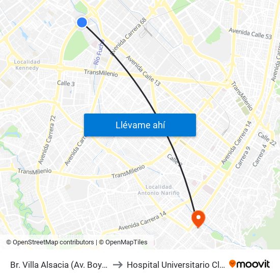Br. Villa Alsacia (Av. Boyacá - Cl 12a) (A) to Hospital Universitario Clínica San Rafael map