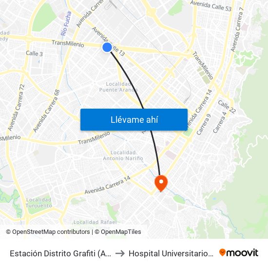 Estación Distrito Grafiti (Av. Américas - Kr 53a) to Hospital Universitario Clínica San Rafael map