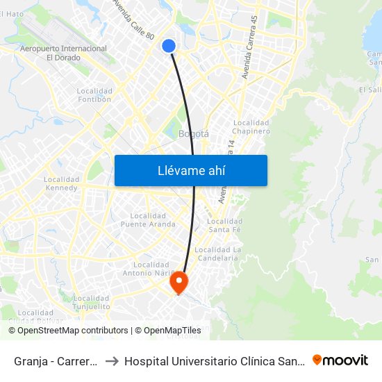 Granja - Carrera 77 to Hospital Universitario Clínica San Rafael map