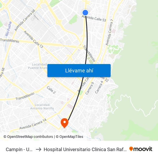 Campín - Uan to Hospital Universitario Clínica San Rafael map