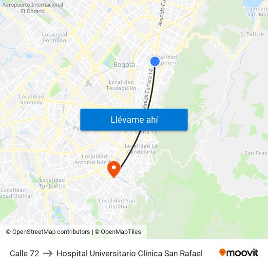 Calle 72 to Hospital Universitario Clínica San Rafael map