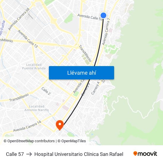 Calle 57 to Hospital Universitario Clínica San Rafael map