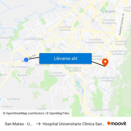 San Mateo - Unisur to Hospital Universitario Clínica San Rafael map