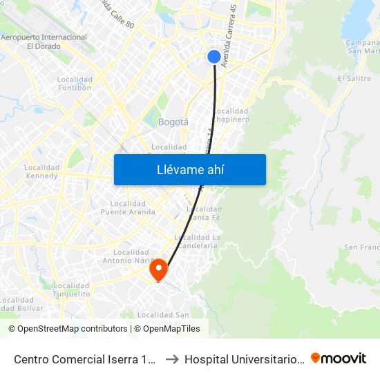 Centro Comercial Iserra 100 (Ac 100 - Kr 54) (B) to Hospital Universitario Clínica San Rafael map