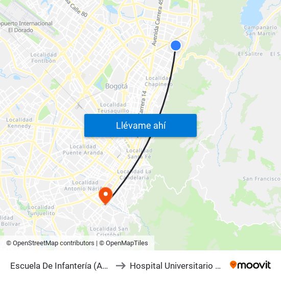 Escuela De Infantería (Ac 100 - Kr 11a) (B) to Hospital Universitario Clínica San Rafael map