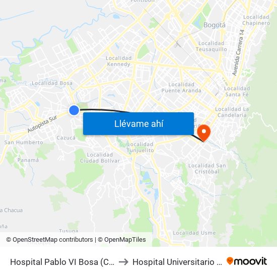 Hospital Pablo VI Bosa (Cl 63 Sur - Kr 77g) (A) to Hospital Universitario Clínica San Rafael map