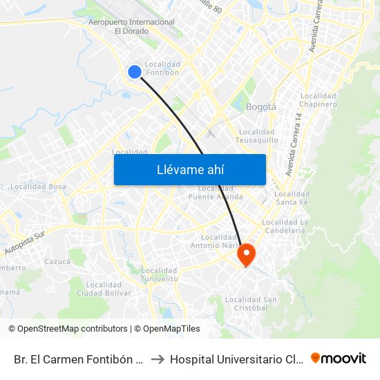 Br. El Carmen Fontibón (Cl 17 - Kr 100) to Hospital Universitario Clínica San Rafael map