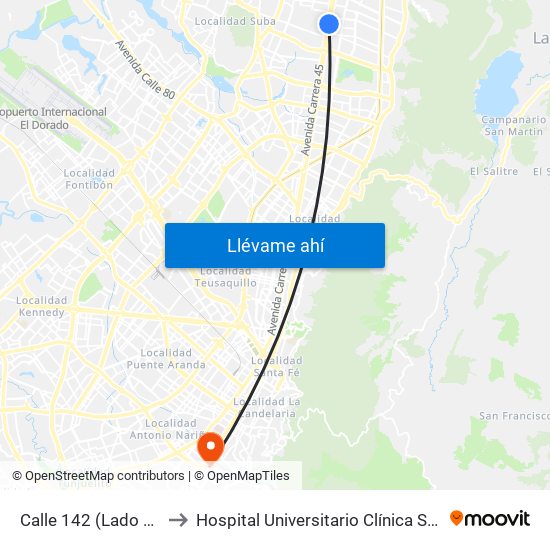 Calle 142 (Lado Norte) to Hospital Universitario Clínica San Rafael map