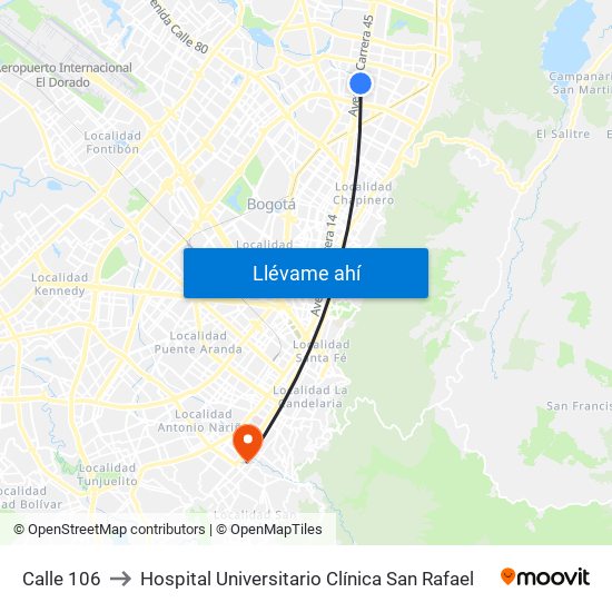 Calle 106 to Hospital Universitario Clínica San Rafael map