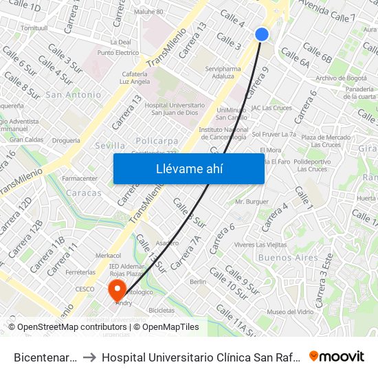 Bicentenario to Hospital Universitario Clínica San Rafael map