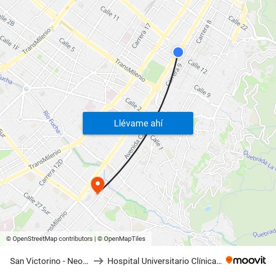 San Victorino - Neos Centro to Hospital Universitario Clínica San Rafael map