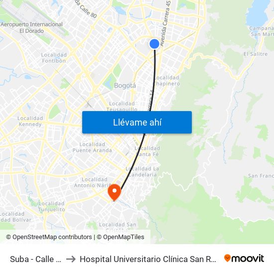 Suba - Calle 95 to Hospital Universitario Clínica San Rafael map