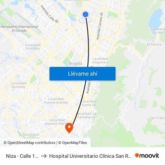 Niza - Calle 127 to Hospital Universitario Clínica San Rafael map