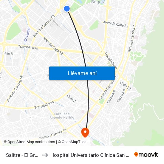 Salitre - El Greco to Hospital Universitario Clínica San Rafael map