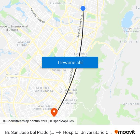 Br. San José Del Prado (Kr 45a - Cl 137) to Hospital Universitario Clínica San Rafael map