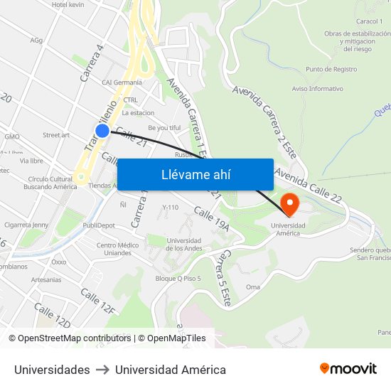 Universidades to Universidad América map