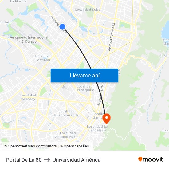 Portal De La 80 to Universidad América map