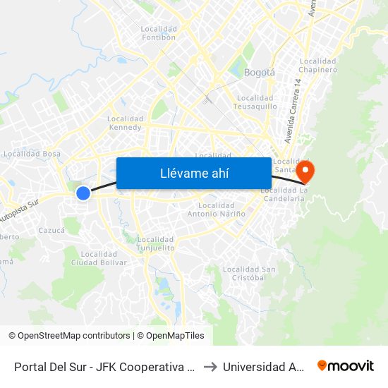 Portal Del Sur - JFK Cooperativa Financiera to Universidad América map