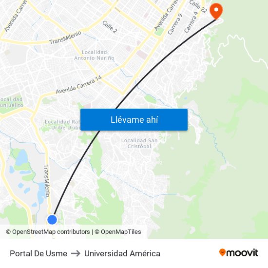 Portal De Usme to Universidad América map