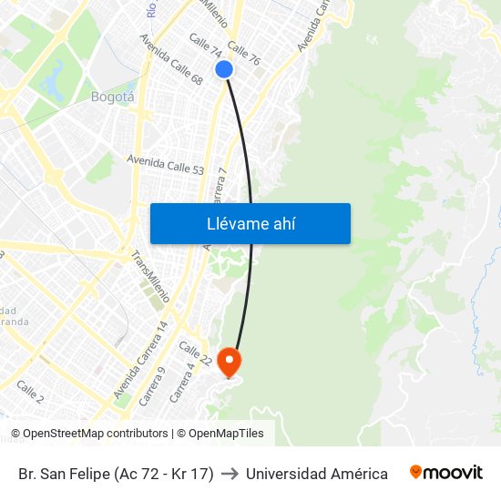 Br. San Felipe (Ac 72 - Kr 17) to Universidad América map